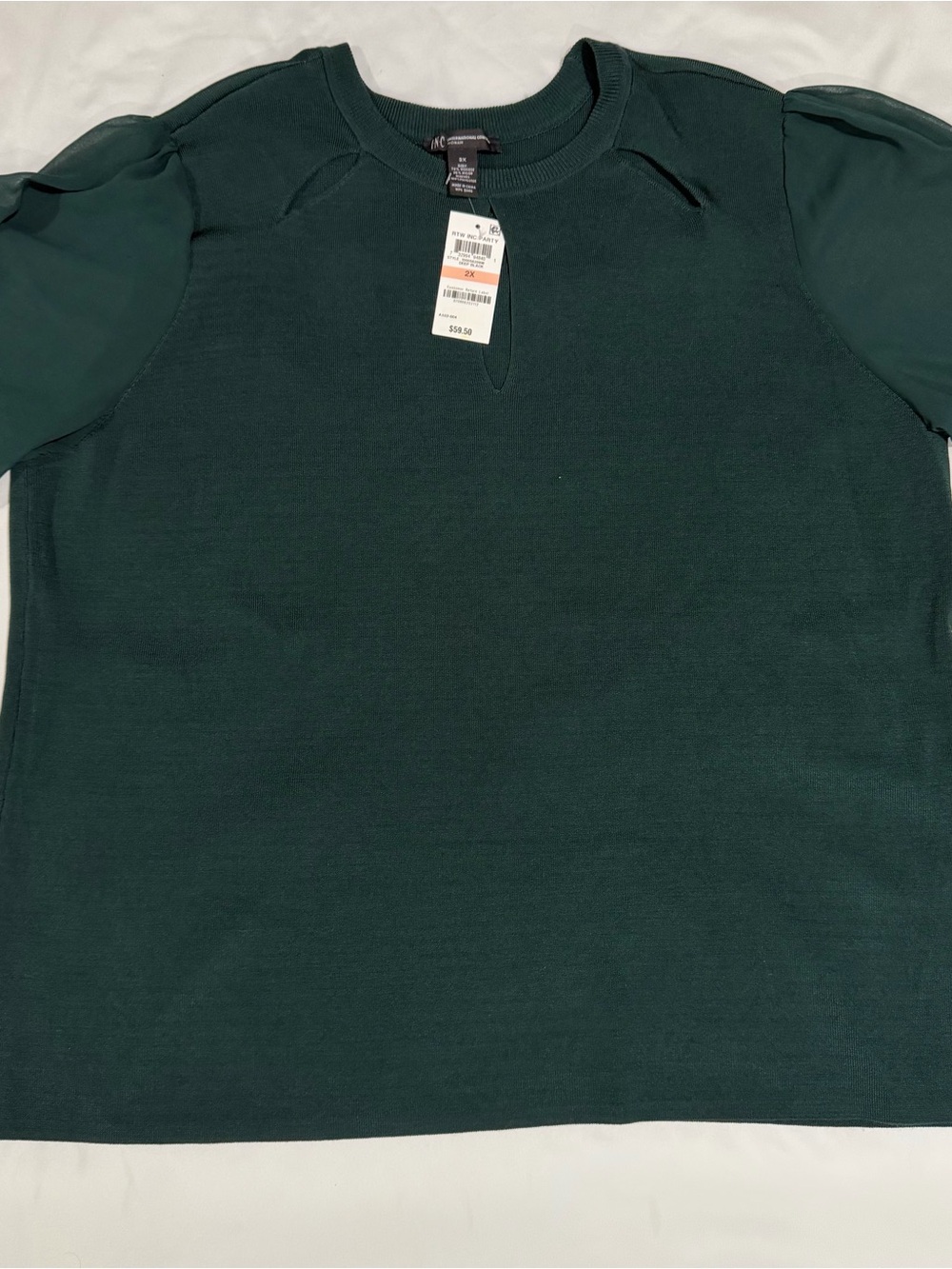 NWT Inc International Concepts Plus 3X Forest Green Sweater Sheer Sleeve Descrpt